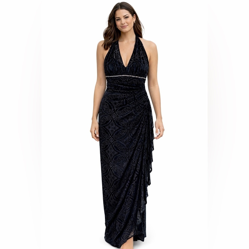 Betsy & Adam Black Ruffle Halter Crepe Gown Size 14 $259